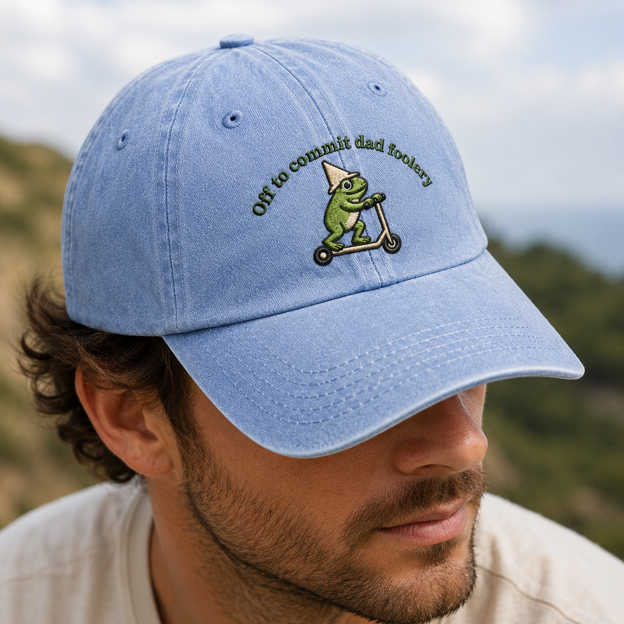 Off to Commit Dad Foolery Washed Cap, Funny Frog Scooter Hat for Fathers Day - Washed Cap - lifestyle view 4