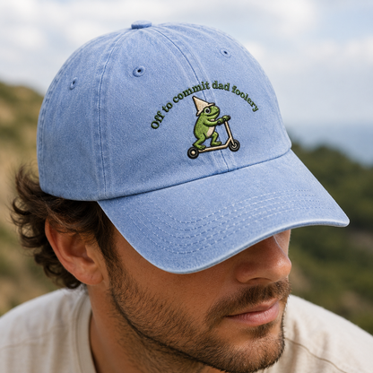 Off to Commit Dad Foolery Washed Cap, Funny Frog Scooter Hat for Fathers Day - Washed Cap - lifestyle view 4