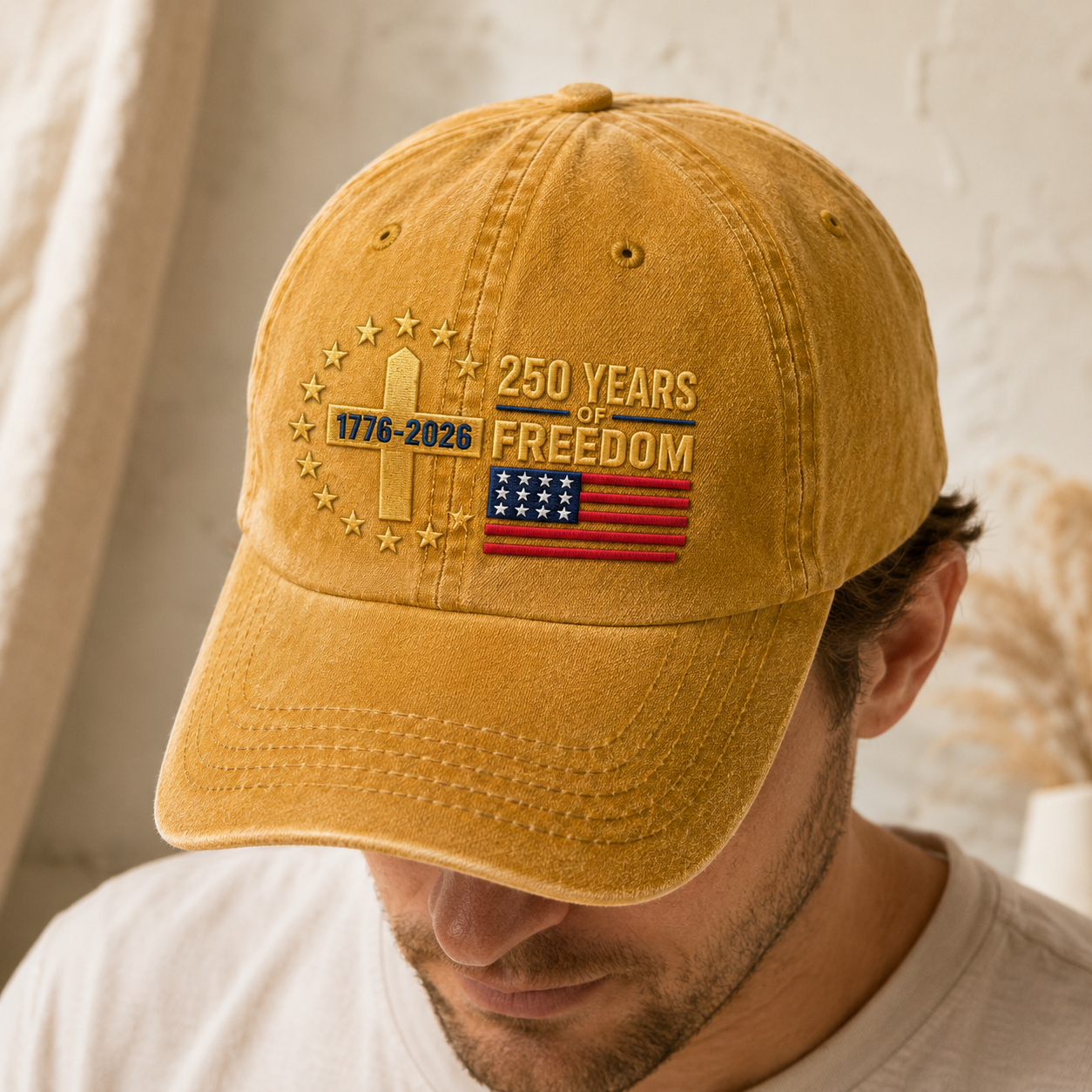 250 Years of Freedom Washed Cap, 1776-2026 USA Anniversary Hat - washed cap - detail view