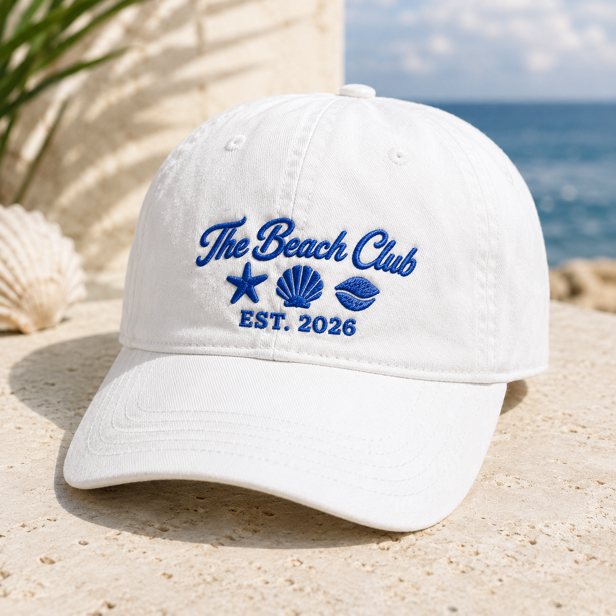 The Beach Club Washed Cap, Embroidered Coastal Hat with Est 2026 Seashell Art - Washed Cap - detail view