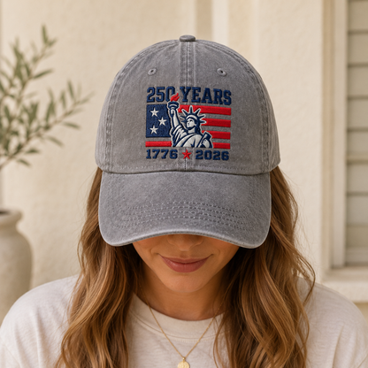 250 Years Washed Cap, 1776 2026 Statue of Liberty Patriotic Hat - washed cap - lifestyle view 6