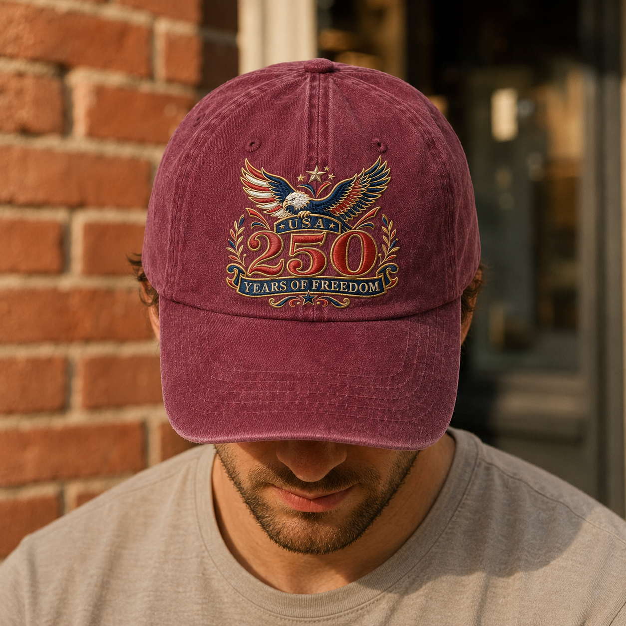 USA 250 Years of Freedom Washed Cap, Patriotic Eagle Anniversary Hat - washed cap - lifestyle view 8