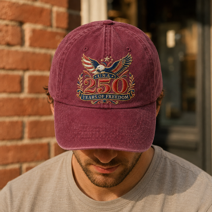 USA 250 Years of Freedom Washed Cap, Patriotic Eagle Anniversary Hat - washed cap - lifestyle view 8