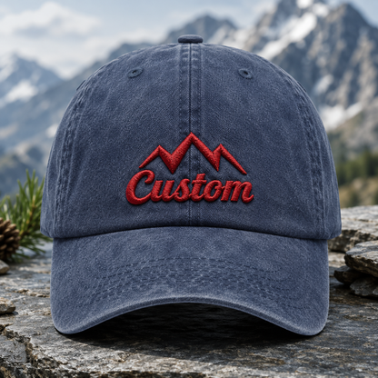 Custom Mountain Washed Cap, Red Embroidered Adventure Hat - Washed Cap - front view