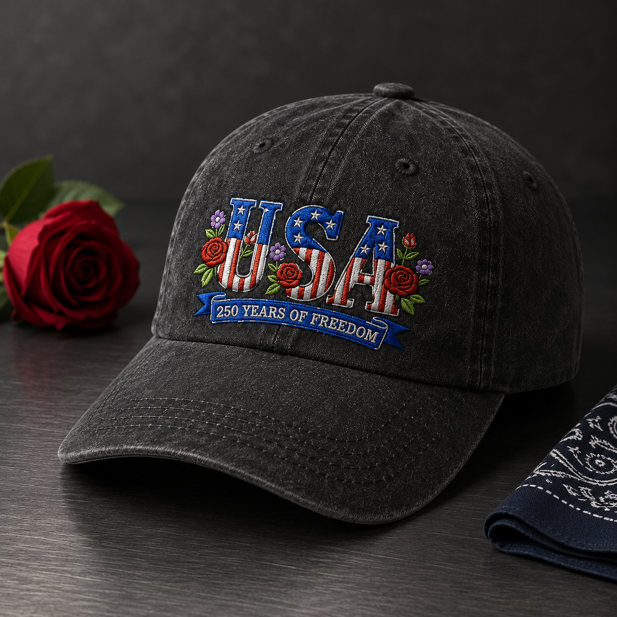 USA 250 Years of Freedom Washed Cap, Patriotic Embroidered Hat - washed cap - lifestyle view 4