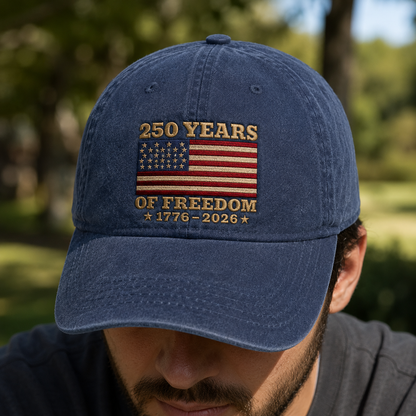 250 Years of Freedom Washed Cap, 1776-2026 American Flag 250th Anniversary Hat - washed cap - lifestyle view 6