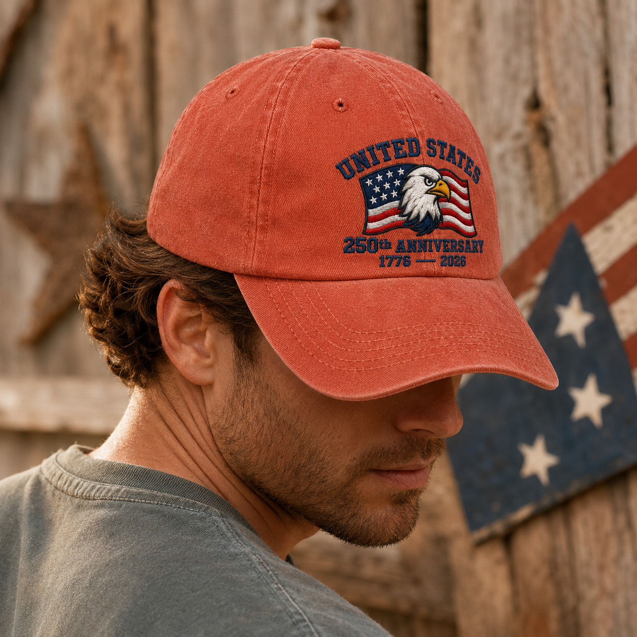 United States 250th Anniversary Washed Cap, Eagle Flag 1776 2026 Patriotic Hat - washed cap - detail view