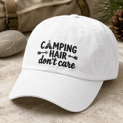 Camping Hair Don't Care Washed Cap, Funny Camp Hat for Outdoor Women - Washed Cap - detail view