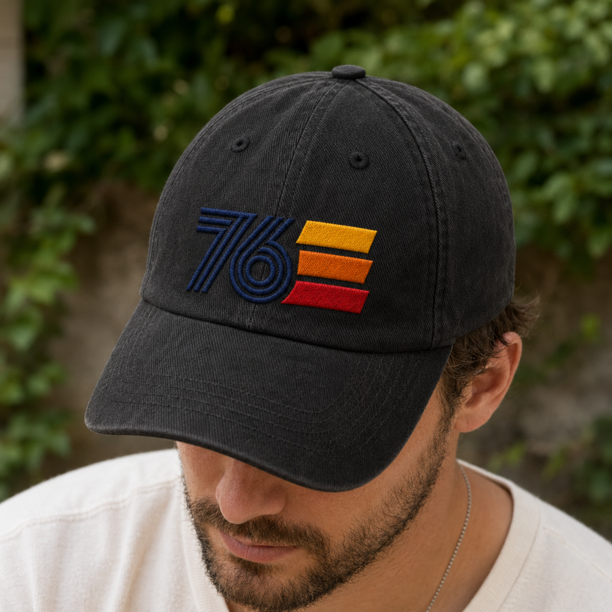 76 Retro Stripe Washed Cap, Embroidered Patriotic Dad Hat for Americana Outfits - washed cap - lifestyle view 9