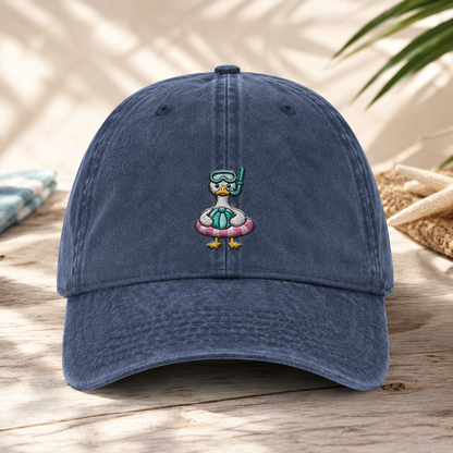 Snorkel Duck Washed Cap, Beach Bird Embroidered Summer Hat - Washed Cap - front view
