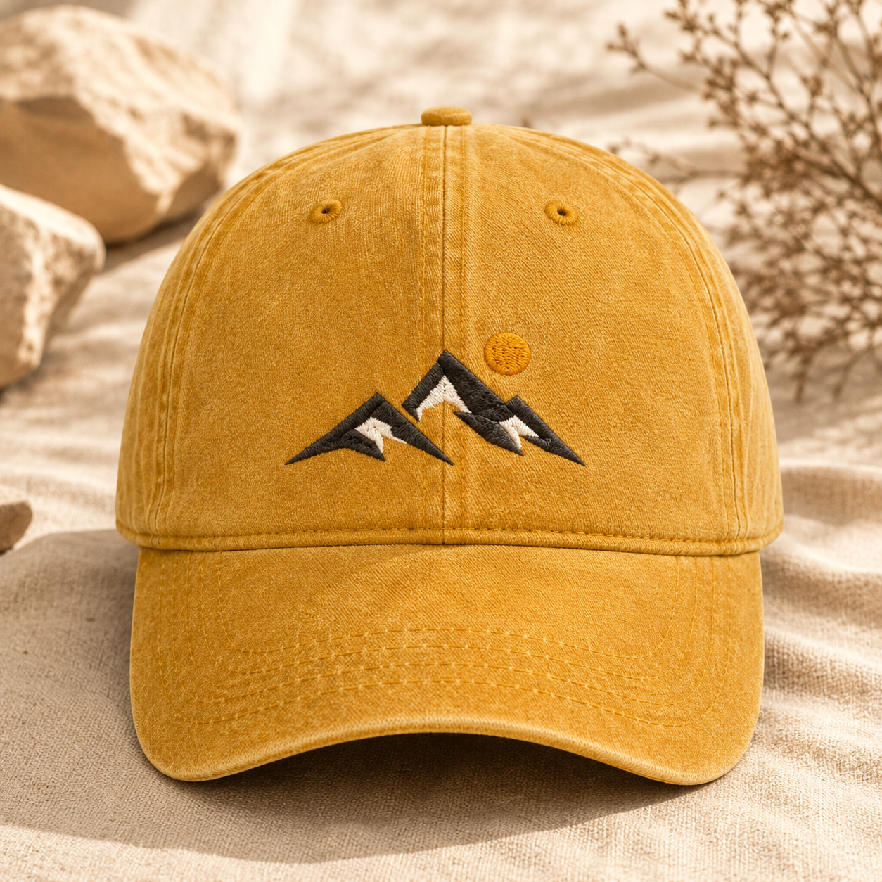 Mountain Sunset Washed Cap, Embroidered Hiking Hat for Outdoor Adventure Lovers - Washed Cap - lifestyle view 4