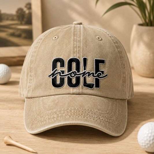 Golf Home Washed Cap, Embroidered Golf Hat for Course Lovers - Washed Cap - front view