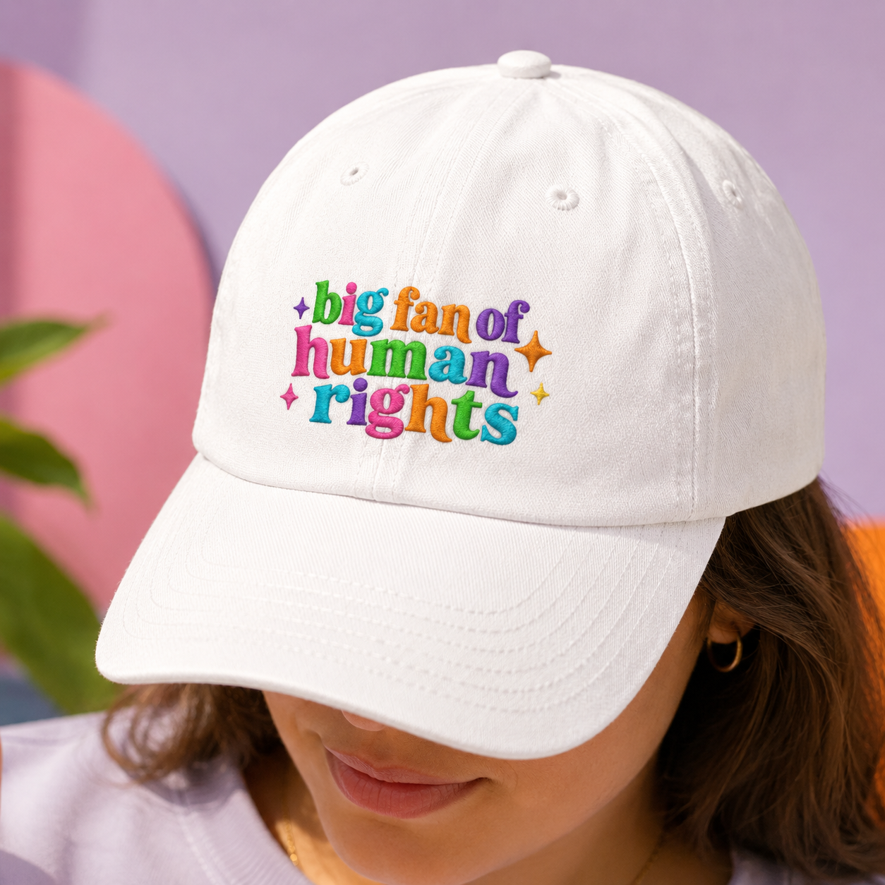 Big Fan of Human Rights Washed Cap, Colorful Embroidered Activist Hat - Washed Cap - lifestyle view 3