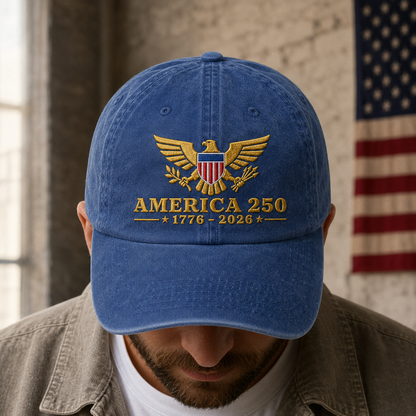 America 250 1776-2026 Washed Cap, Patriotic Eagle Embroidered Hat for USA Semiquincentennial - washed cap - lifestyle view 6