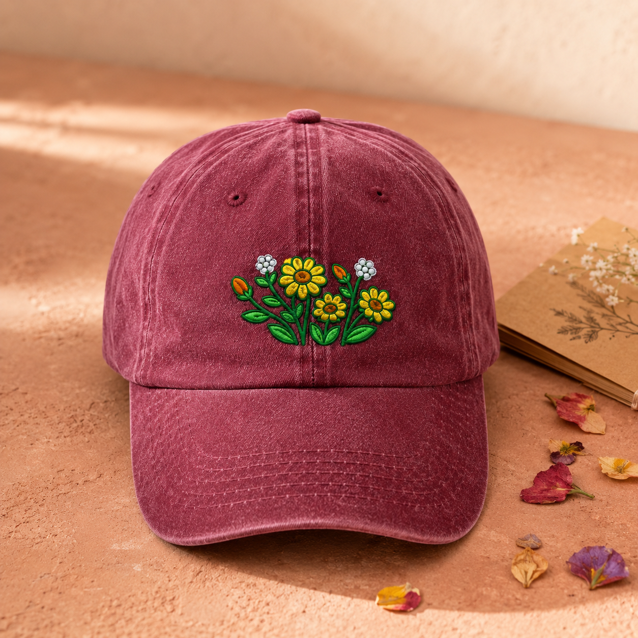 Daisy Wildflower Embroidered Washed Cap, Botanical Garden Gift - washed cap - lifestyle view 5