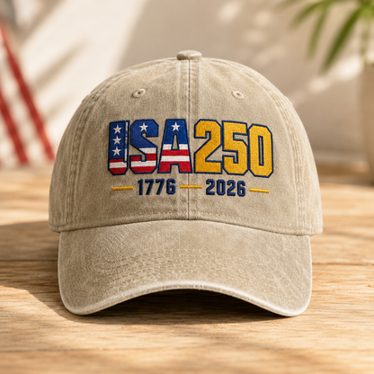 USA250 Washed Cap, 1776 2026 Patriotic America 250 Hat - washed cap - front view