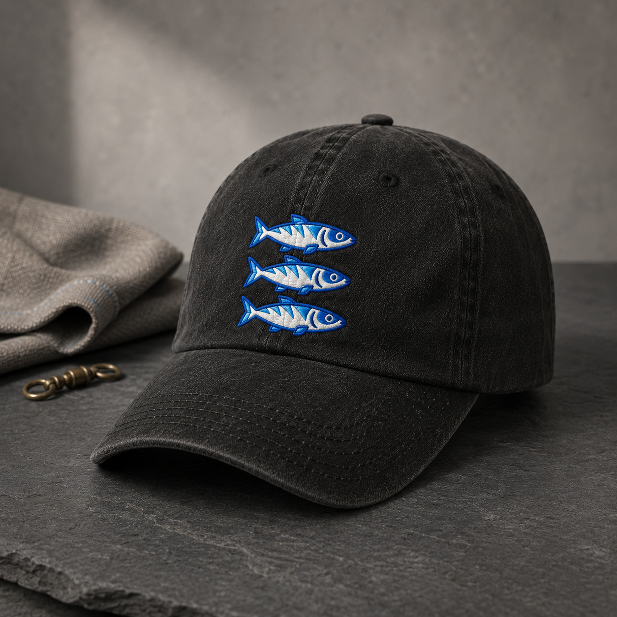 Three Blue Sardines Washed Cap, Embroidered Fish Hat for Seafood Lovers - Washed Cap - lifestyle view 3
