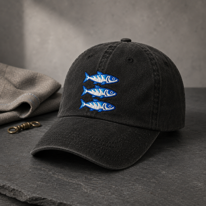 Three Blue Sardines Washed Cap, Embroidered Fish Hat for Seafood Lovers - Washed Cap - lifestyle view 3