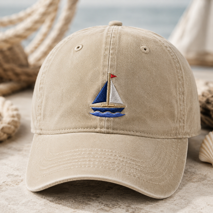 Embroidered Sailboat Washed Cap, Nautical Beach Hat for Boaters - Washed Cap - detail view
