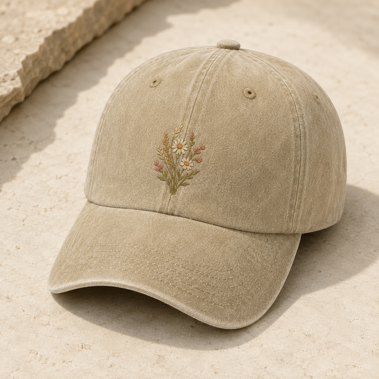 Wildflower Embroidered Washed Cap, Botanical Baseball Hat for Plant Lovers - Washed Cap - detail view
