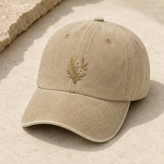 Wildflower Embroidered Washed Cap, Botanical Baseball Hat for Plant Lovers - Washed Cap - detail view