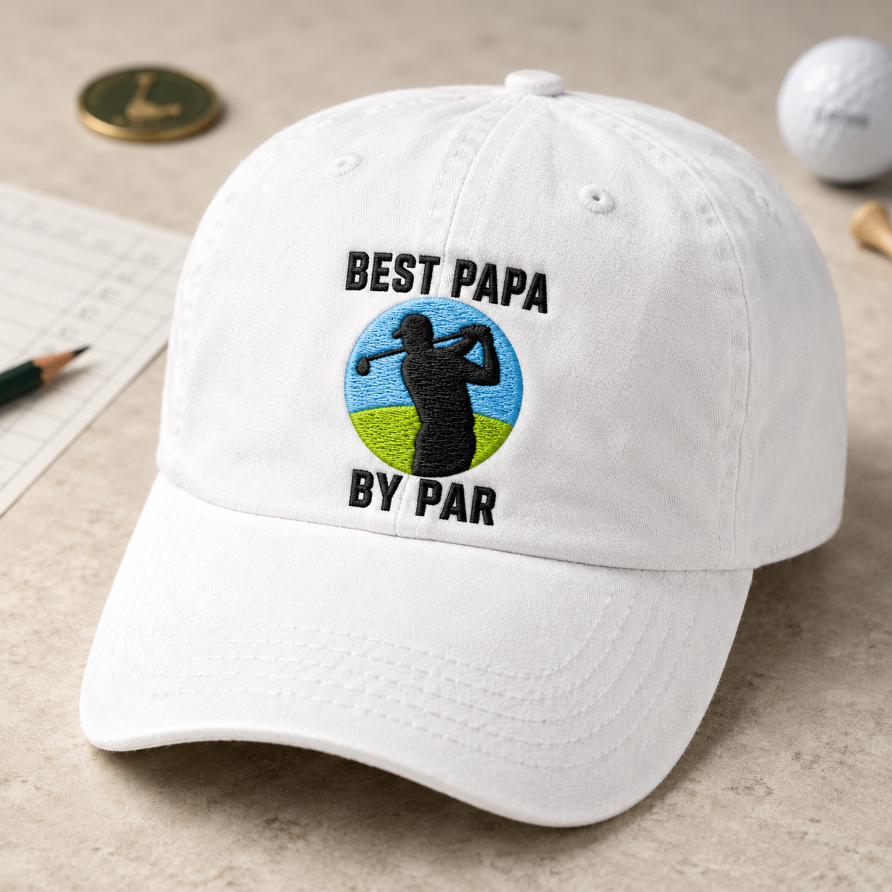 Golf Papa Washed Cap, Fathers Day Golfer Hat with Best Papa By Par Embroidery - Washed Cap - detail view