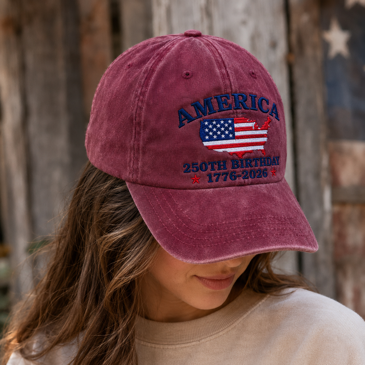 America 250th Birthday Washed Cap, Patriotic USA 1776-2026 Gift - washed cap - detail view