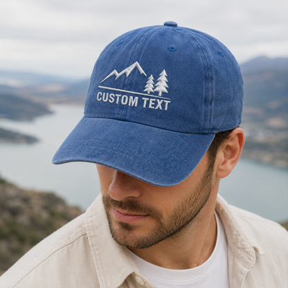 Custom Text Mountain Washed Cap, Personalized Hiking Hat for Outdoor Lovers - Washed Cap - lifestyle view 9
