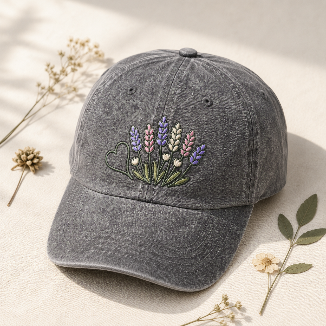 Lavender Wildflower Washed Cap, Embroidered Floral Hat for Garden Lovers - washed cap - lifestyle view 5
