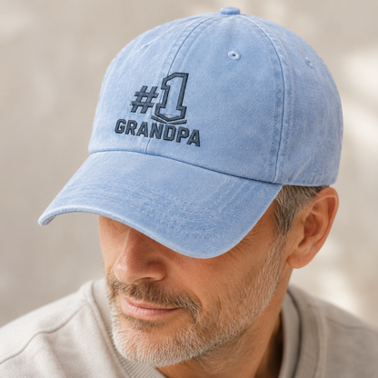 #1 Grandpa Washed Cap, Embroidered Grandpa Hat Gift for Grandfather - Washed Cap - lifestyle view 4