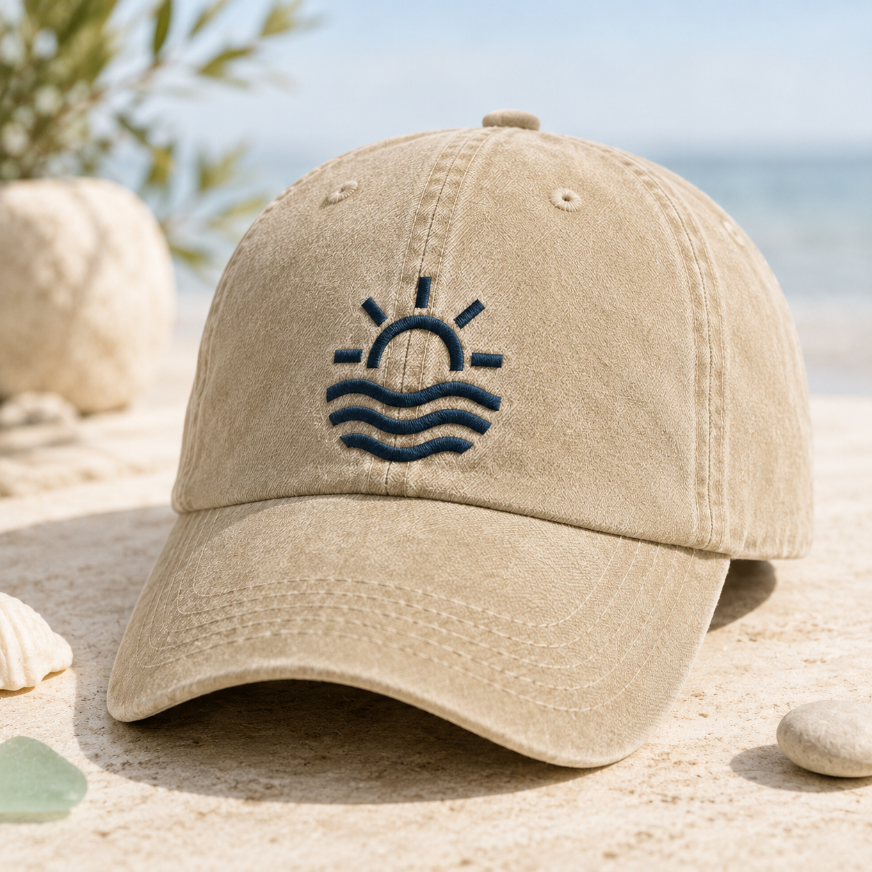 Minimalist Sun and Waves Washed Cap, Beach Hat for Summer - Washed Cap - detail view