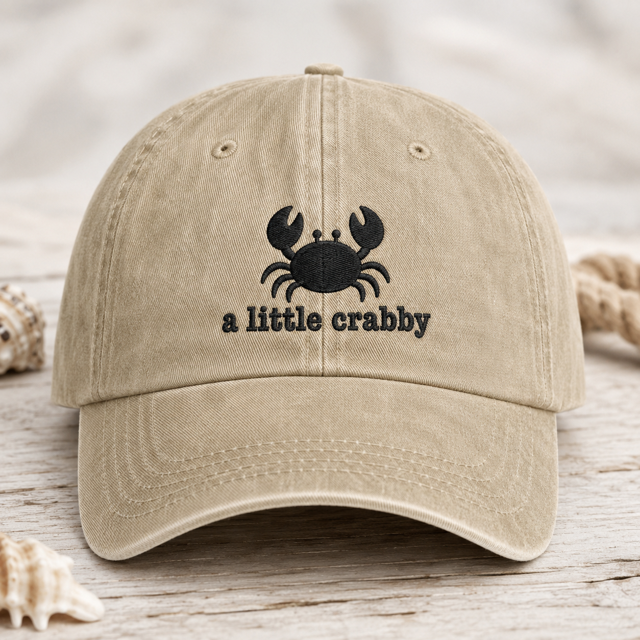 A Little Crabby Crab Washed Cap, Funny Embroidered Beach Hat for Coastal Mood Gift - Washed Cap - detail view