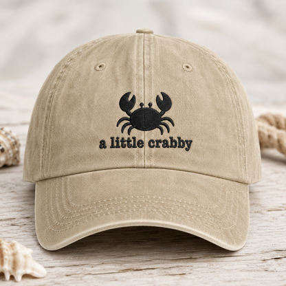 A Little Crabby Crab Washed Cap, Funny Embroidered Beach Hat for Coastal Mood Gift - Washed Cap - detail view