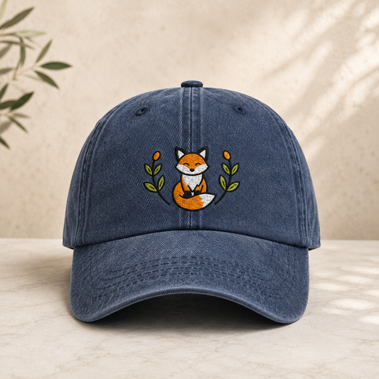 Embroidered Fox Washed Cap, Woodland Cottagecore Hat for Nature Lovers - washed cap - front view