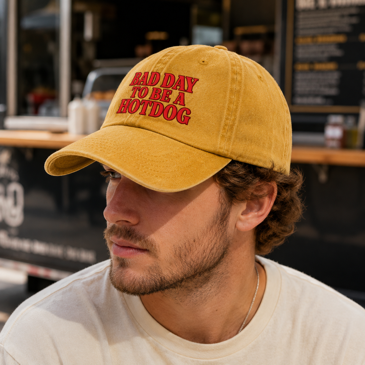 Bad Day to Be a Hotdog Washed Cap, Funny Hot Dog Quote Hat for Bbq Cookouts - washed cap - lifestyle view 7