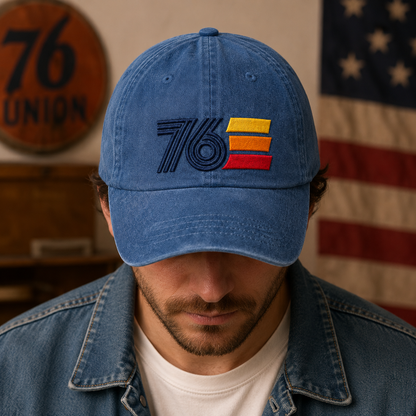 76 Retro Stripe Washed Cap, Embroidered Patriotic Dad Hat for Americana Outfits - washed cap - lifestyle view 8