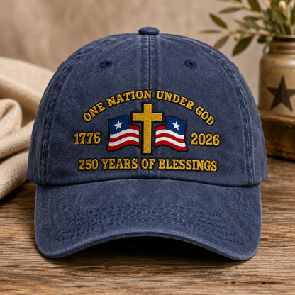 One Nation Under God Washed Cap, 1776 2026 250 Years of Blessings Patriotic Christian Hat - washed cap - front view