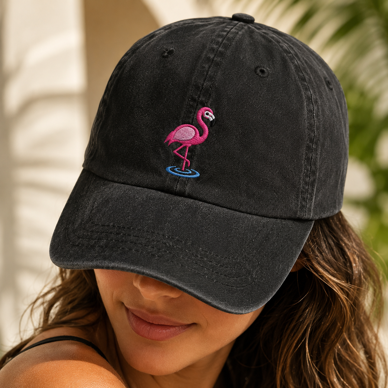 Pink Flamingo Embroidered Washed Cotton Cap, Summer Hat - Washed Cap - lifestyle view 3