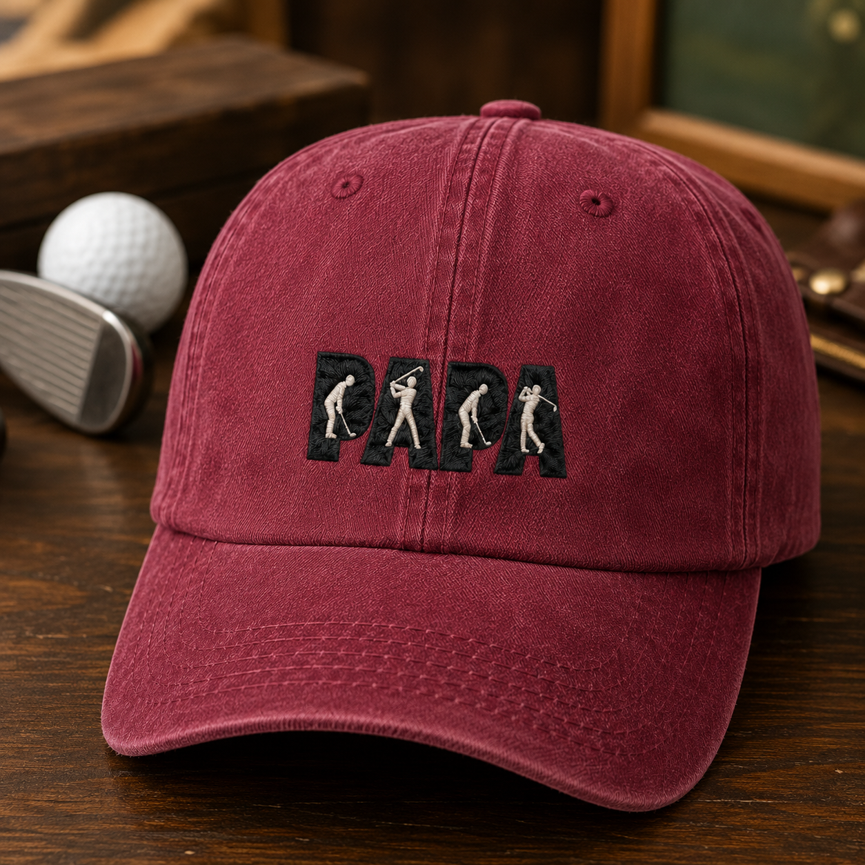 Papa Golf Washed Cap, Embroidered Dad Golfer Father's Day Gift - Washed Cap - detail view