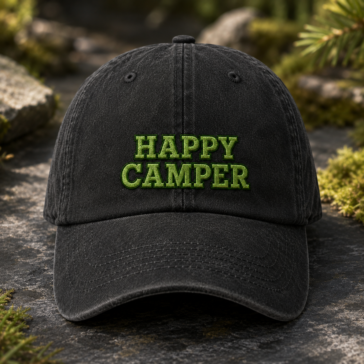 Happy Camper Washed Cap, Green Embroidered Camping Hat for Outdoor Lovers - Washed Cap - lifestyle view 3