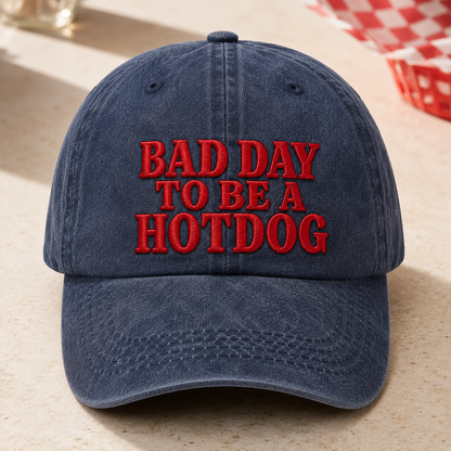 Bad Day to Be a Hotdog Washed Cap, Funny Hot Dog Quote Hat for Bbq Cookouts - washed cap - front view