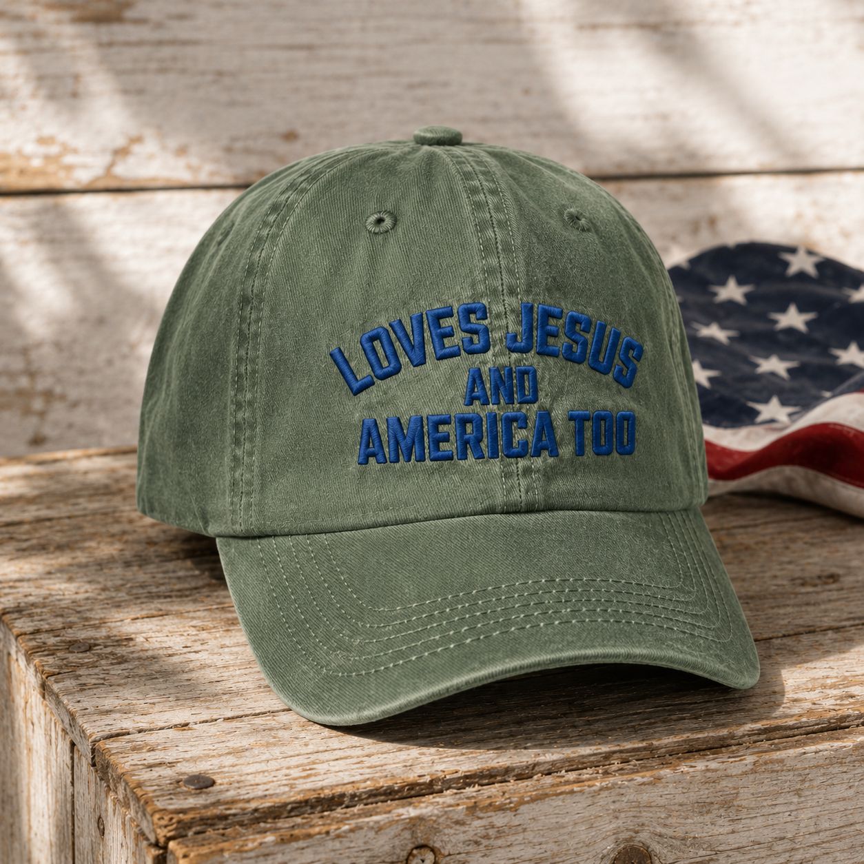 Loves Jesus and America Too Washed Cap, Patriotic Christian Dad Hat - Washed Cap - lifestyle view 4