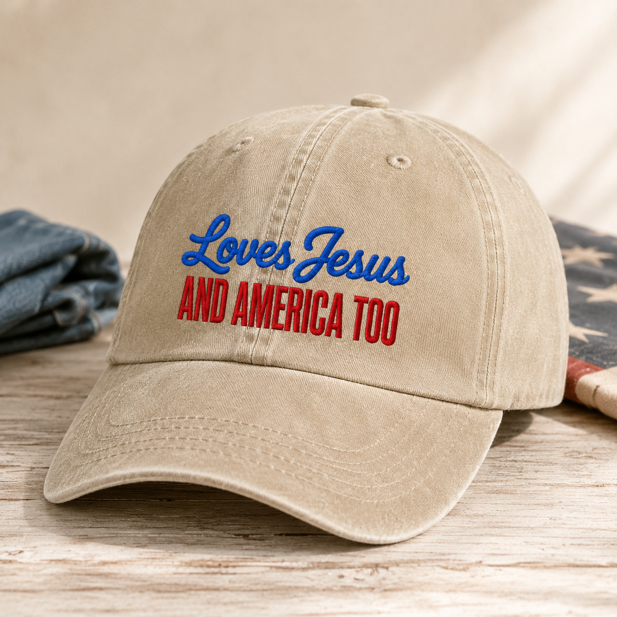 Loves Jesus And America Too Washed Cap, Patriotic Christian Hat Gift - washed cap - lifestyle view 2