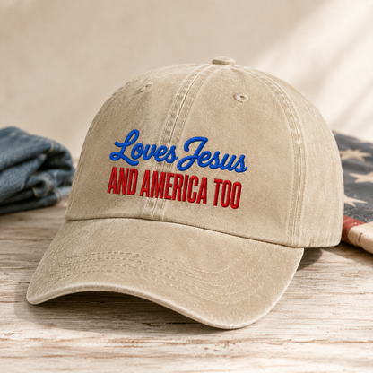 Loves Jesus And America Too Washed Cap, Patriotic Christian Hat Gift - washed cap - lifestyle view 2