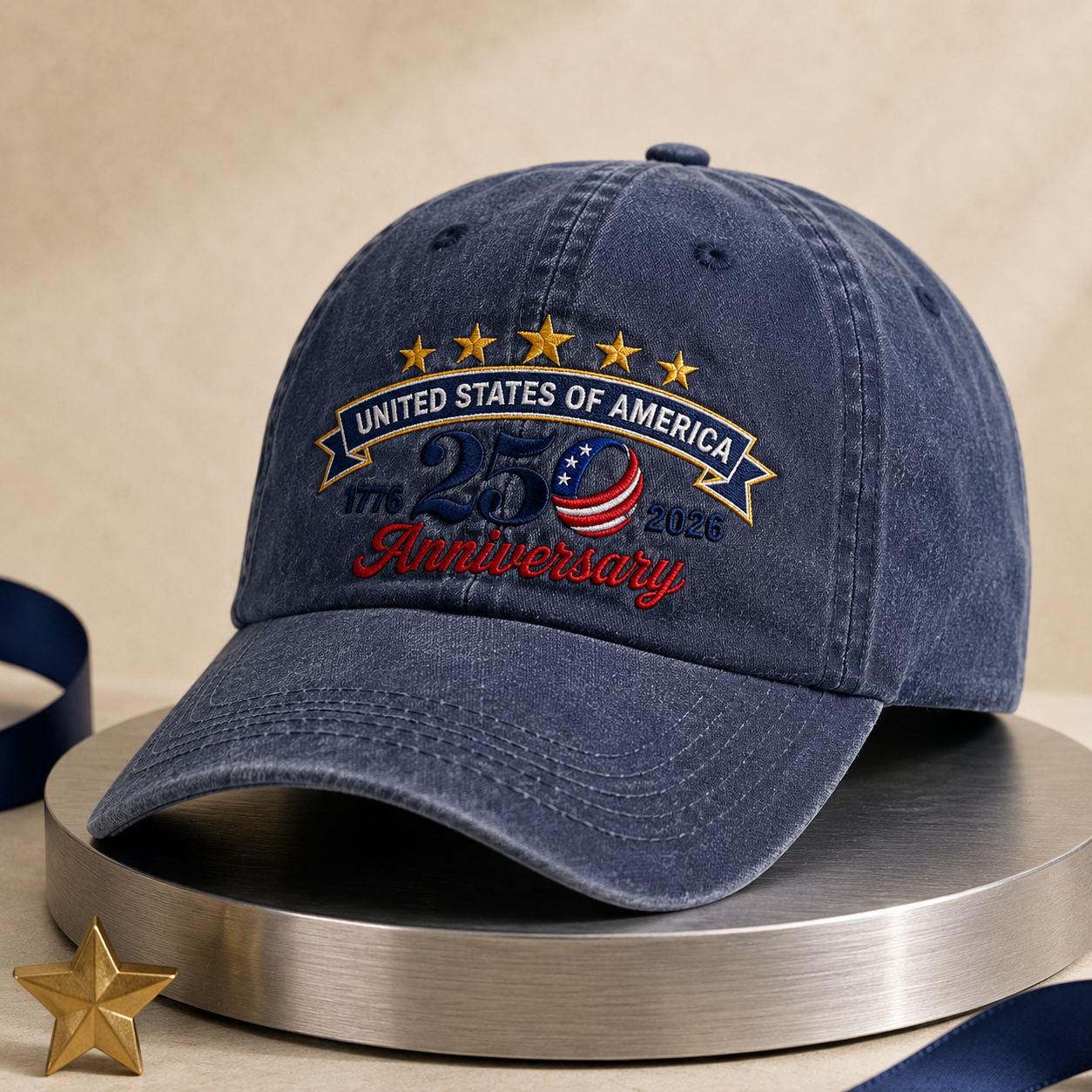 United States of America 250 Anniversary Washed Cap, 1776 2026 Patriotic Baseball Hat - washed cap - lifestyle view 2