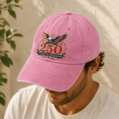 USA 250 Years of Freedom Washed Cap, Patriotic Eagle Anniversary Hat - washed cap - detail view