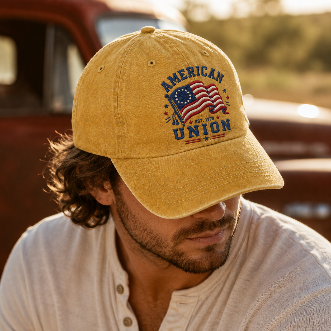 American Union Washed Cap, Est. 1776 Flag Design, Patriotic Embroidered Dad Hat - washed cap - detail view