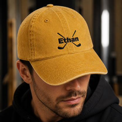 Ethan Crossed Hockey Washed Cap, Embroidered Name Dad Hat for Ice Rink Fans - Washed Cap - lifestyle view 3