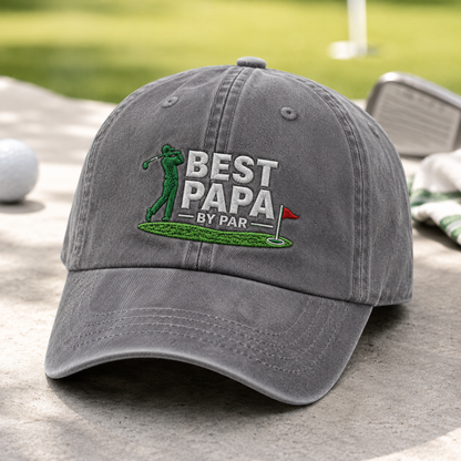 Papa By Par Golf Washed Cap, Embroidered Grandpa Father's Day Gift - Washed Cap - detail view
