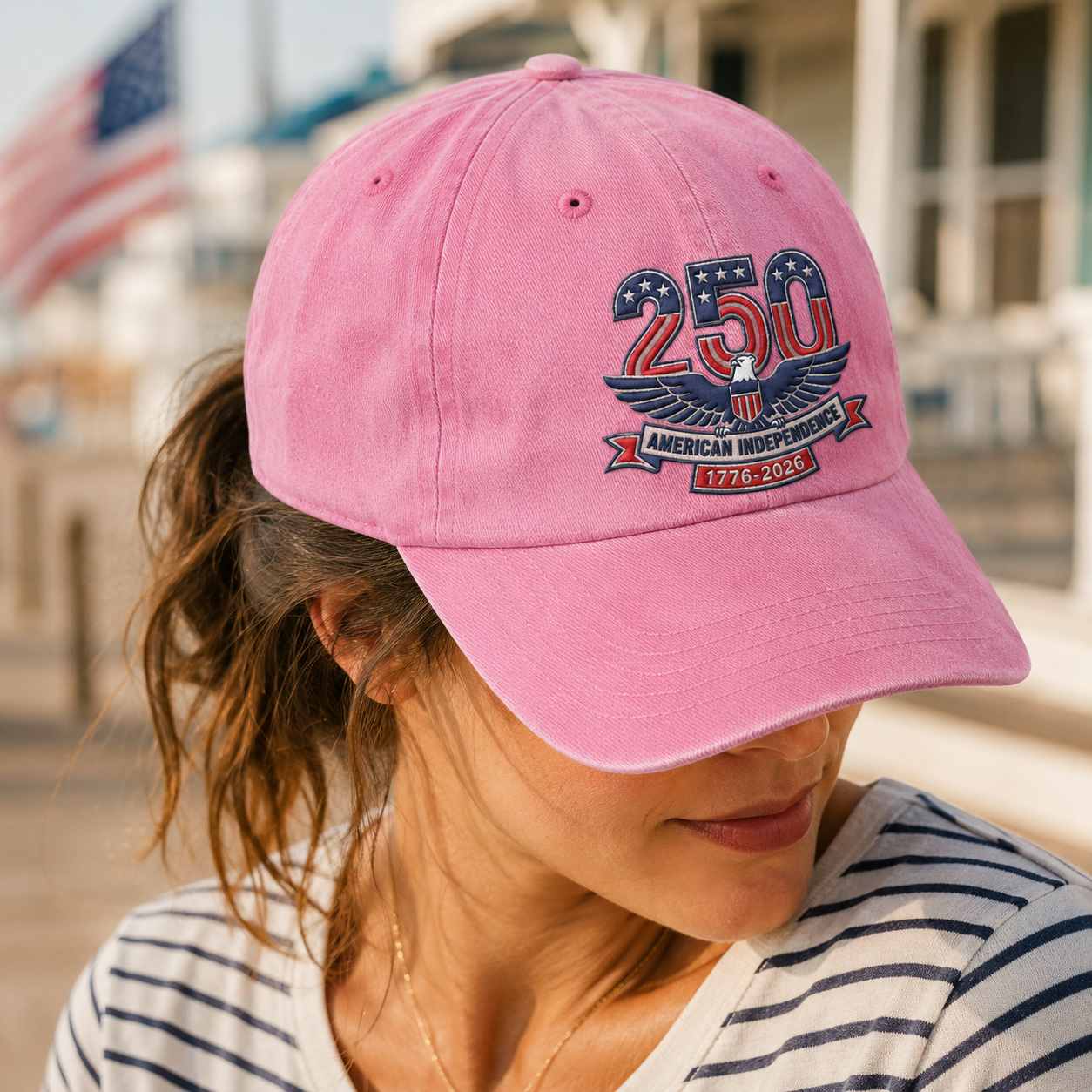 250 American Independence Washed Cap, 1776-2026 Patriotic Eagle Hat - washed cap - detail view